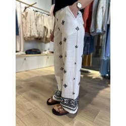 Pantalon Blanc Brodé Noir en Lin