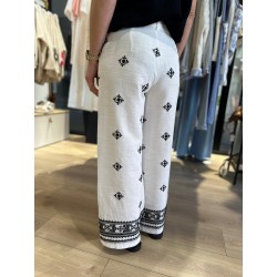 Pantalon Blanc Brodé Noir en Lin