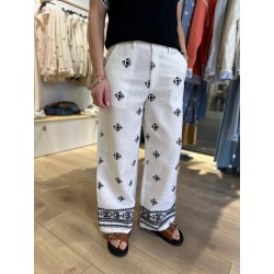 Pantalon Blanc Brodé Noir en Lin