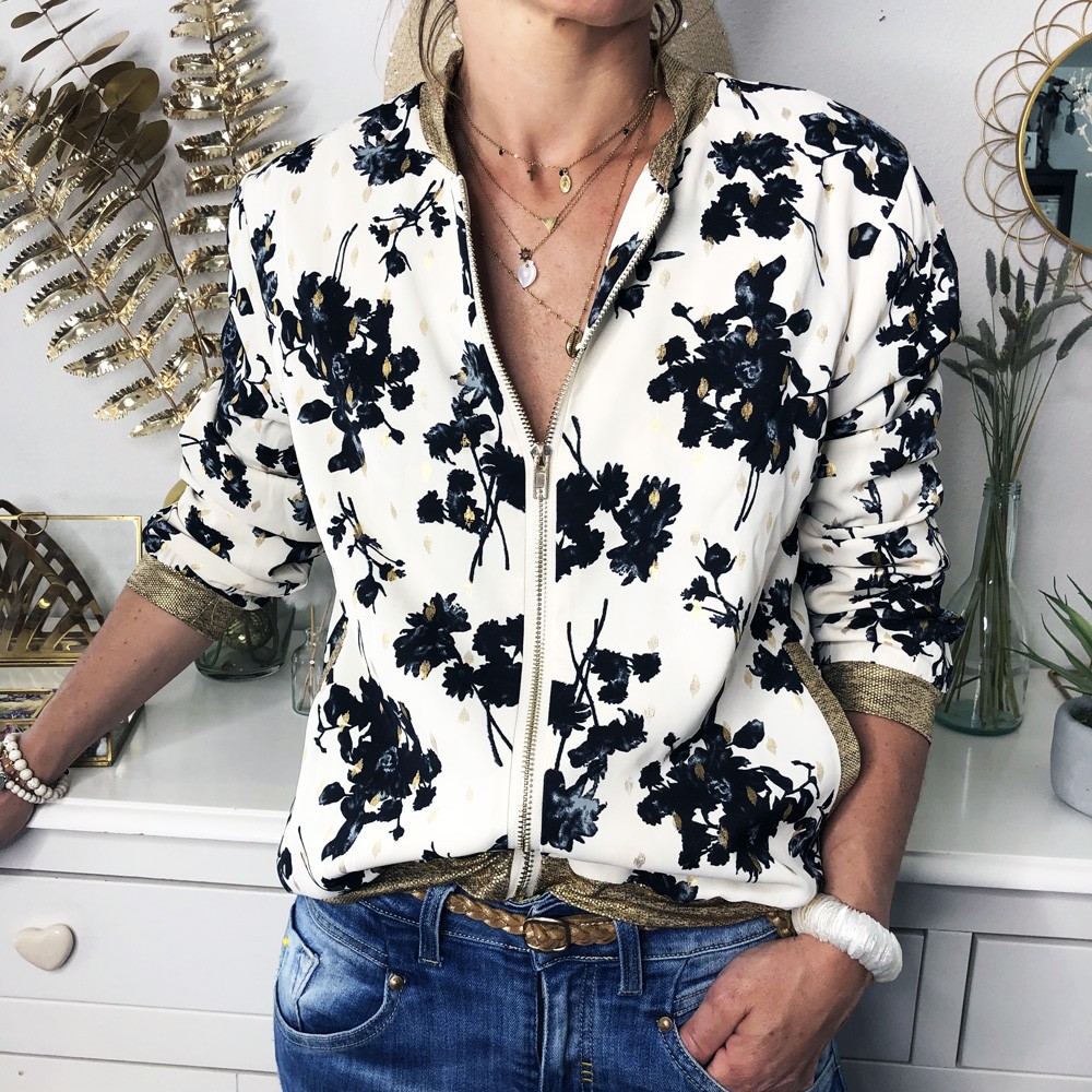 Veste Femme imprim?�e Floral Blanc Noir Or