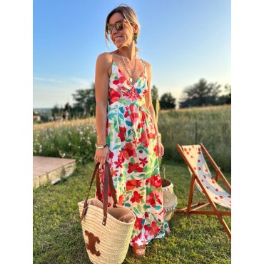 Robe longue à bretelles fond blanc imprimé floral