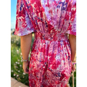 Robe longue à manches fuschia imprimé