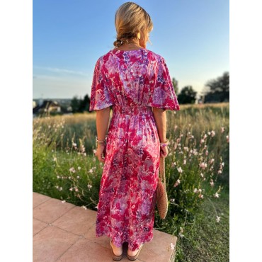 Robe longue à manches fuschia imprimé