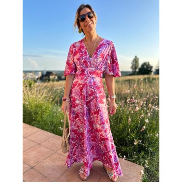 Robe longue à manches fuschia imprimé