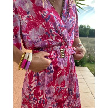 Robe longue à manches fuschia imprimé