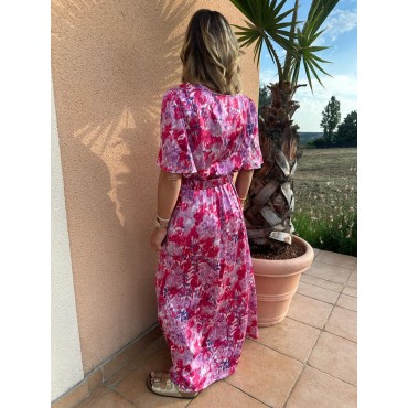 Robe longue à manches fuschia imprimé