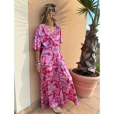 Robe longue à manches fuschia imprimé