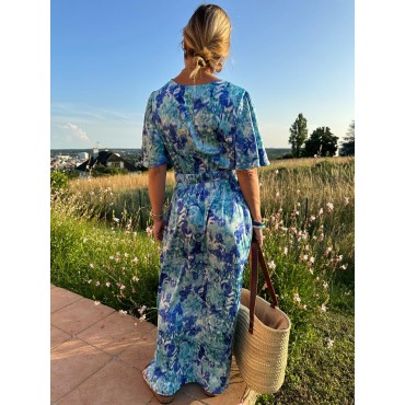 Robe longue à manches bleu imprimé