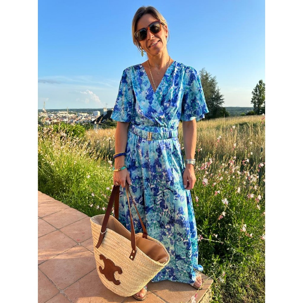 Robe longue à manches bleu imprimé