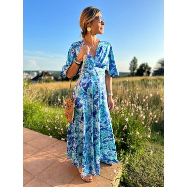 Robe longue à manches bleu imprimé