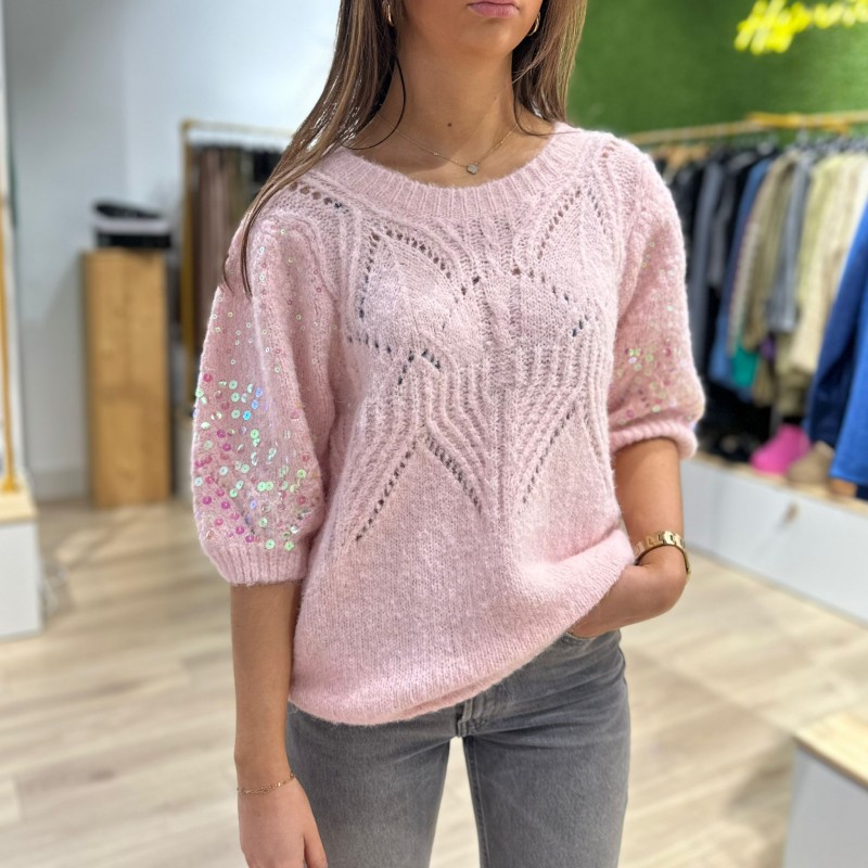 Pull Manches Courte Rose Avec Sequins