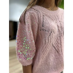 Pull Manches Courte Rose Avec Sequins