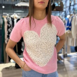 Pull Manches Courtes Coeur Sequins Rose Ecru