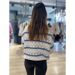 Pull Crochet Manches Courte Creme à rayures Bleu Jeans