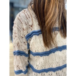 Pull Crochet Manches Courte Creme à rayures Bleu Jeans