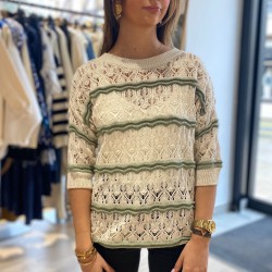 Pull Crochet Manches Courte Creme à rayures Kaki