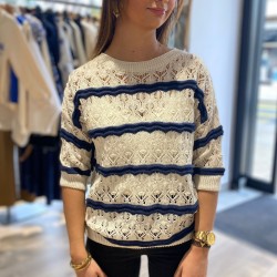 Pull Crochet Manches Courte Creme à rayures Marine