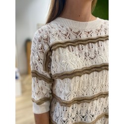 Pull Crochet Manches Courte Creme à rayures Camel