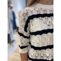 Pull Crochet Manches Courte Creme à rayures Noir