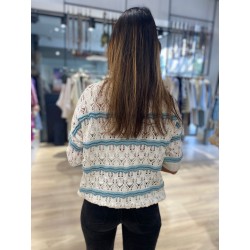 Pull Crochet Manches Courte Creme à rayures Vert D'eau