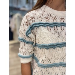 Pull Crochet Manches Courte Creme à rayures Vert D'eau